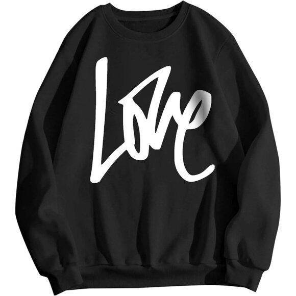 ⚡Women Black Love Imported Graphic Crewneck Long Sleeve Pullover Sweatshirt - Picture 1 of 5